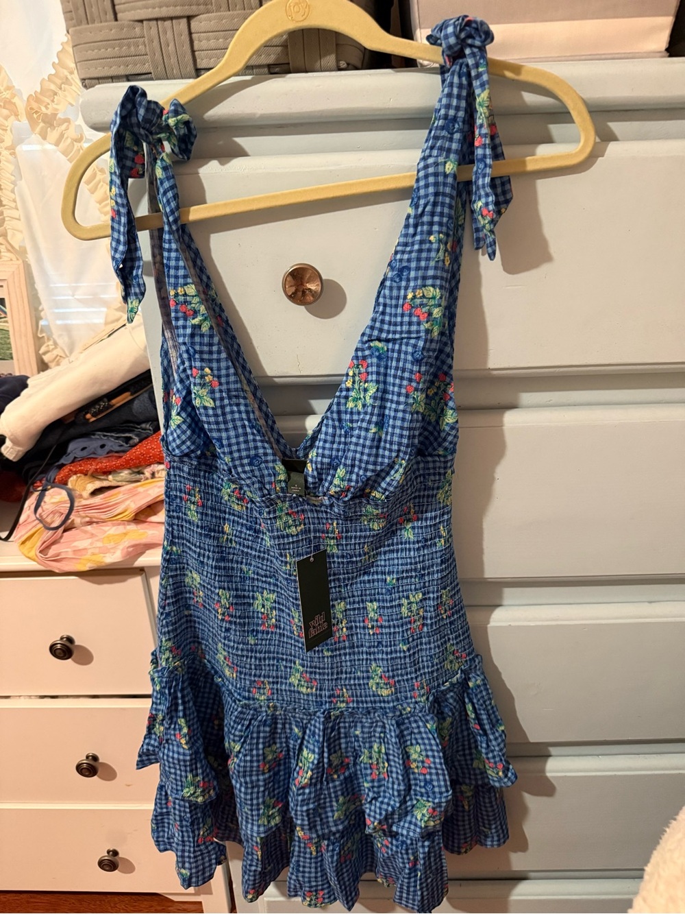 Wild Fable - Blue Gingham Floral Tie-Shoulder dress